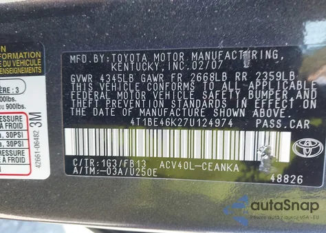 2007 Toyota Camry Le z USA, uszkodzony, nr VIN 4T1BE46K27U124974